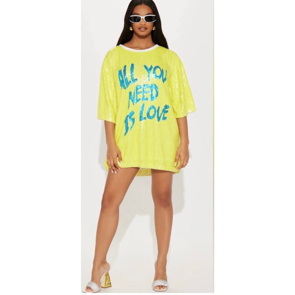 Yellow Sequin Top – "All You Need Is Love" Graphic, disco, sparkly, 1970's style